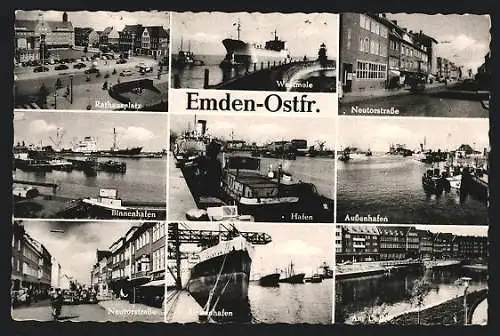 AK Emden /Ostfr., Dampfer am Binnenhafen, Neutorstrasse, Rathausplatz