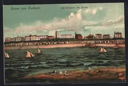 AK Borkum, die Seeseite des Bades mit Segelschiffen in Richtung Strand