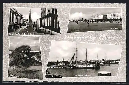 AK Borkum, Strandstrasse mit Leuchtturm, Dünenigel, Partie am Hafen