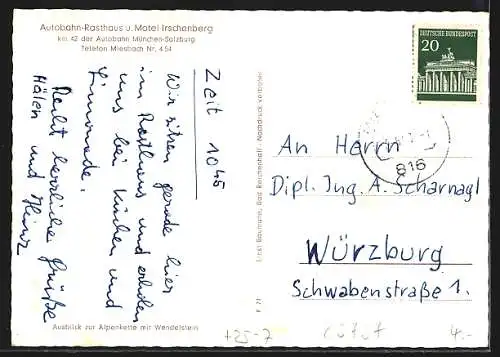 AK Miesbach, Autobahn-Raststätte u. Motel Irschenberg, Ausblick zur Alpenkette mit Wendelstein