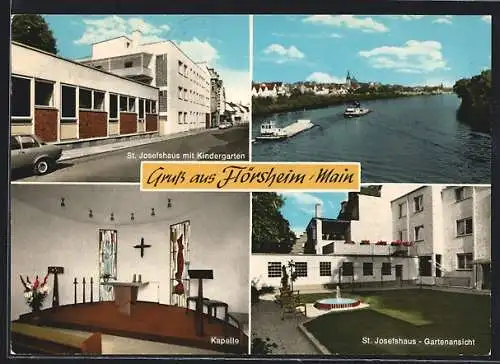AK Flörsheim /Main, Dampfer auf dem Fluss, St. Josefshaus mit Kindergarten, Kapelle