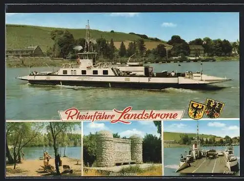 AK Kornsand a. Rh., Rhein-Fährschiff Landskrone, Zeppelin-Denkmal, Campingplatz