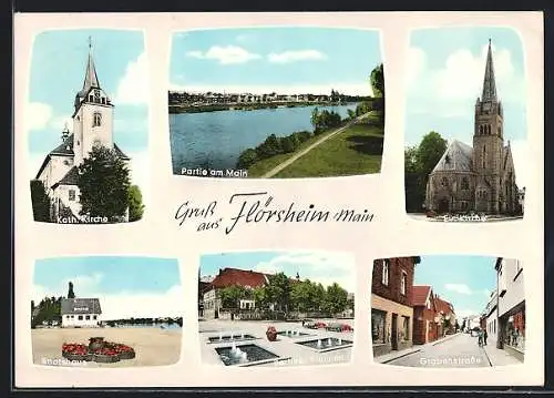 AK Flörsheim / Main, Kath. Kirche, Partie am Main, Ev. Kirche, Bootshaus, Grabenstrasse