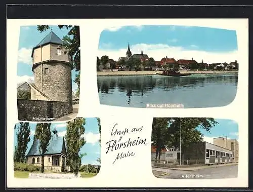 AK Flörsheim / Main, Heimatturm, Ortsansicht, Kriegergedächtniskapelle, Altersheim