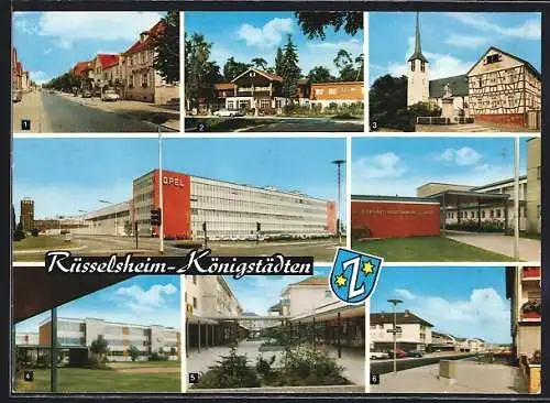 AK Rüsselsheim-Königstädten, Nauheimer Strasse, Gerhart-Hauptmann-Schule, Einkaufszentrum