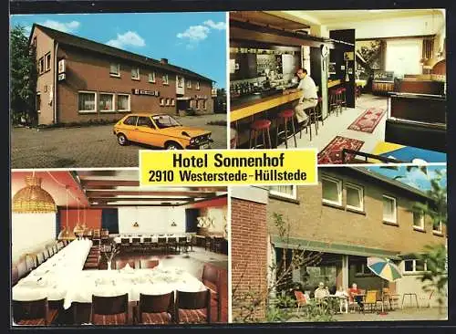 AK Westerstede-Hüllstede, Das Hotel Sonnenhof, mit Speisesaal, Barbereich und Terrasse, Langebrügger Strasse 57