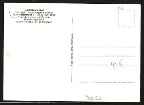 AK Westerstede-Hüllstede, Das Hotel Sonnenhof, mit Speisesaal, Barbereich und Terrasse, Langebrügger Strasse 57