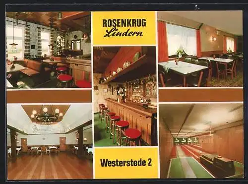 AK Westerstede, Gasthaus Rosenkrug Lindern, Gaststube, Speisesaal, Barbereich, Kegelbahn