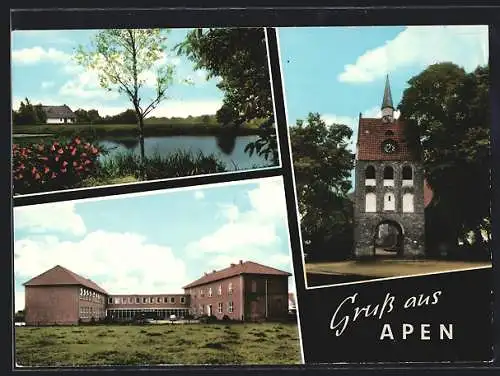 AK Apen üb. Oldbg., Uferpartie, Blick auf die Schule, das Tor