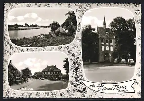 AK Apen /Oldb., Marktplatz, Glockenturm, am Tief