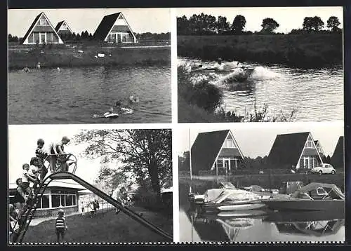 AK Strücklingen /Oldb., Kinder Schwimmen im Fluss, Kinder auf der Rutsche, Boote im Wasser