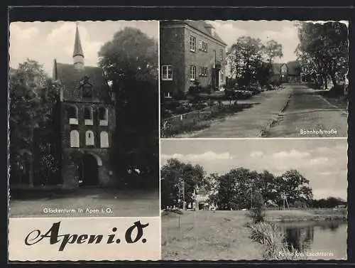 AK Apen i. O., Bahnhofstrasse, Glockenturm, Partie am Leuchtturm