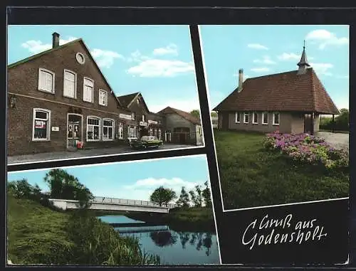AK Godensholt, Kleine Kapelle, A&O-Filiale, Flussbrücke