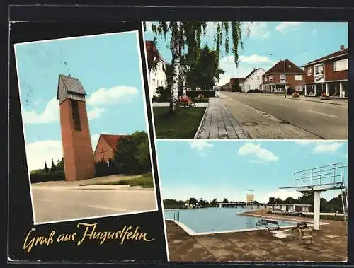 AK Augustfehn, Die Kirche, das Freibad, Strassenpartie