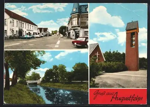 AK Augustfehn, Die Kirche, Kanalpartie, Strassenpartie mit Hotel Augustfehner Hof