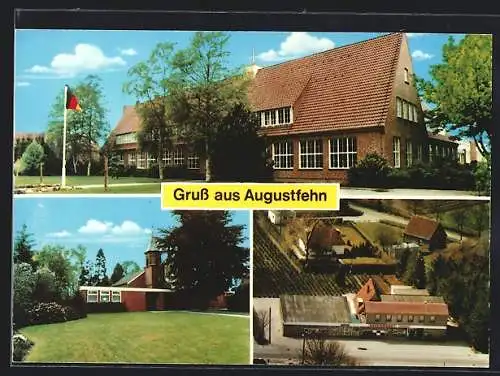 AK Augustfehn, VeGe Supermarkt von Gerhard Lüning, Gemeindehaus, Kirche