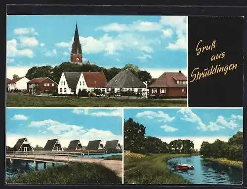 AK Strücklingen, Reihenhäuser am Fluss, Naturszene am Wasser, Ortsansicht mit der Kirche