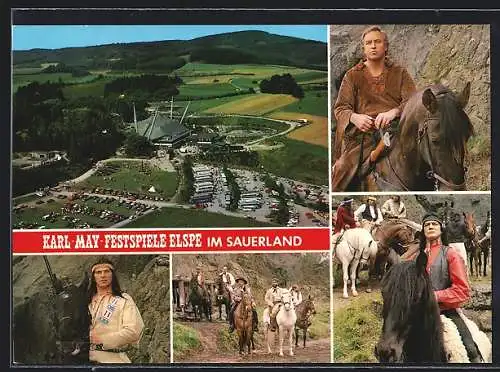 AK Elspe im Sauerland, Szenen aus den Karl-May-Festspielen und eine Luftaufnahme des Geländes