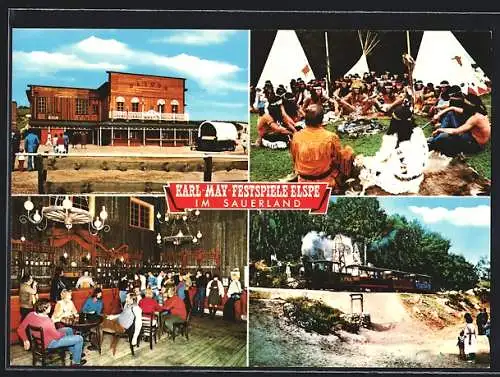 AK Elspe / Lennestadt, Karl May-Festspiele, Indianer, Saloon, Eisenbahn