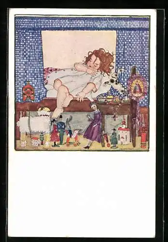 Künstler-AK sign.: Ine Probst, Mädchen schläft, umgeben von ihren Spielsachen