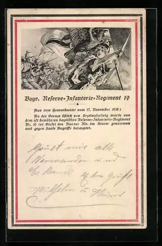 Künstler-AK Bayr. Reserve-Infanterie-Regiment 19, Germania führt die Soldaten in den Krieg