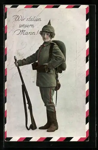 AK Wir stellen unsern Mann!, Soldatin in Uniform mit Schirmmütze