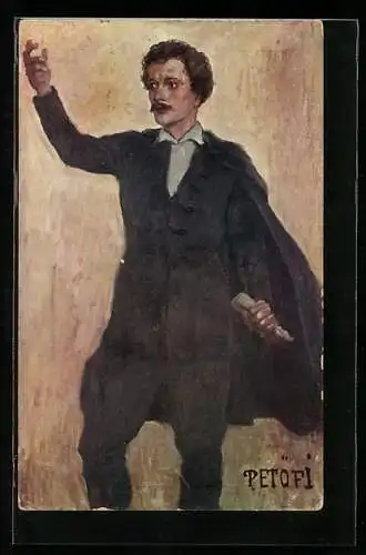 Künstler-AK Petöfi im Anzug hebt die Hand zur Rede, Revolution 1848