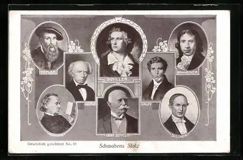 AK Aalen, Schwabens Stolz, Porträts Graf Zeppelin, Mörike, Keplerd. Firmeninhabers W. Haas
