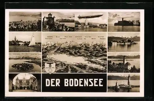 AK Friedrichshafen, Zeppelin über dem Bodensee, Wasserburg, Insel Mainau, Reichsadler mit 