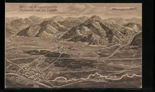 Künstler-AK Mülhausen, Zeppelin über den Vogesen