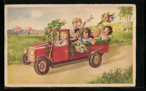 Künstler-AK Kinder in einem Lastkraftwagen mit Blumen