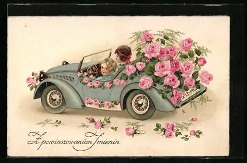 AK Joyeuses Paques, Osterküken fahren in einem Auto mit vielen Rosen