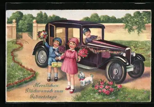 AK Kinder mit Blumen am geschmückten Auto