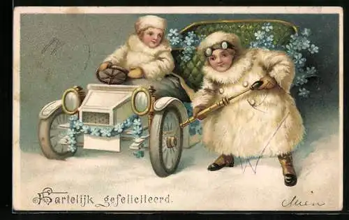 Lithographie Autofahrer behebt eine Reifenpanne