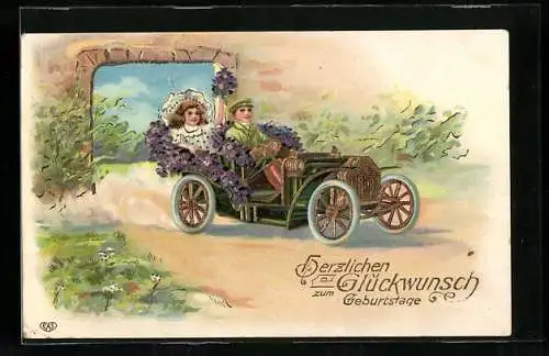 Lithographie Auto mit Chauffeur und Blumen