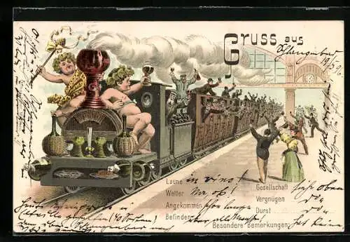 Lithographie Eisenbahn mit Weinglas als Schornstein