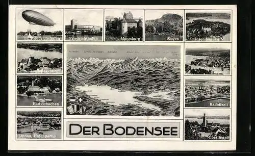 AK Lindau (Bodensee), Landkarte, Zeppelin, Wasserburg, Friedrichshafen, 11 Ansichten
