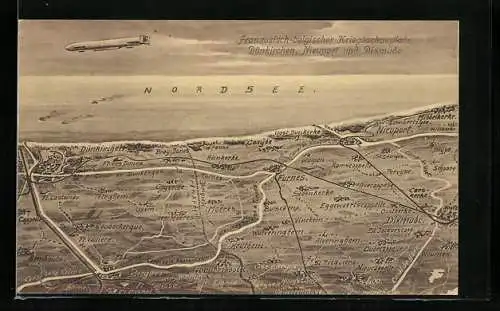 Künstler-AK Dünkirchen, Zeppelin über der Nordsee