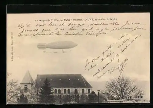 AK Lagny, Le Dirigeable Ville de Paris, se rendant a Verdun, Zeppelin
