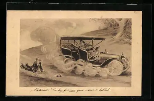 Künstler-AK Auto überfährt beinah einen Mann