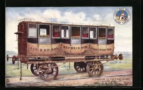 Künstler-AK A Carriage of the first class, L&M Rly. 1838, englische Eisenbahn