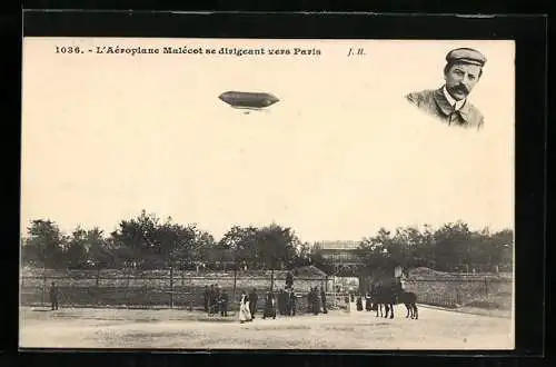 AK L`Aéroplane Malécot se dirigeant vers Paris, Zeppelin