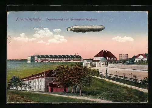 AK Friedrichshafen, Luftschiff über der Zeppelinwerft & Motorenbau Maybach