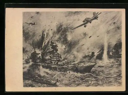 Künstler-AK Flugzeug attackiert Kriegsschiff