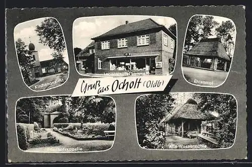 AK Ocholt / Oldb., Ortsansicht mit Friedhofskapelle, Lebensmittel Lammert, Kirche & Wassermühle