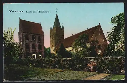 Goldfenster-AK Westerstede, Kirche und Glockenturm