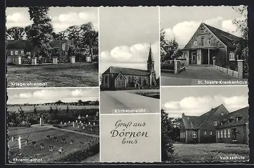 AK Dörnen /Ems, St. Josefs-Krankenhaus, Volksschule, Kriegerehrenmal, Ehrenfriedhof