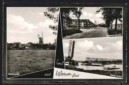 AK Weener /Ems, Friesenstrasse, Emsbrücke, Teilansicht mit Windmühle