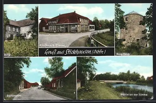 AK Stickhausen /Ostfr., Kaufhaus B. Cramer, Burg, Burgturm, Partie an der Jümme