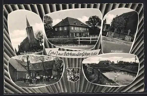 AK Ostrhauderfehn /Ostfr., Kaufhaus Cl. Südbeck, Kirche, Ehrenmal, Schulgebäude, am Kanal
